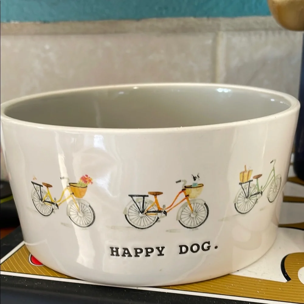 Rae Dunn White and Blue Dog Bowl and Feeder Set
